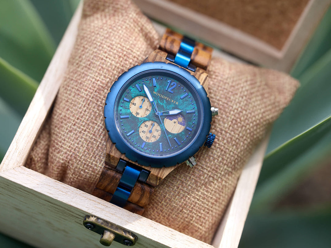 Zebrano Wooden Watch Blue Dial with Engraving Option